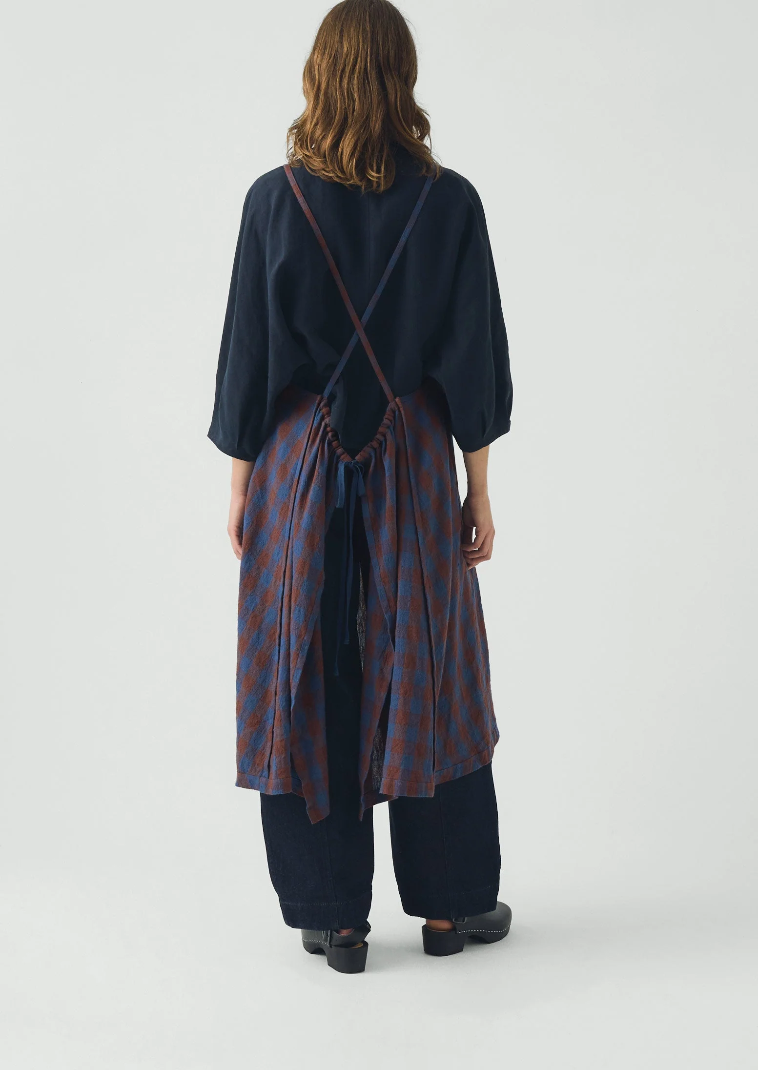 Orchard Check Cross Back Linen Cotton Apron | Brown Ochre/Dark Cornflower - Image 5