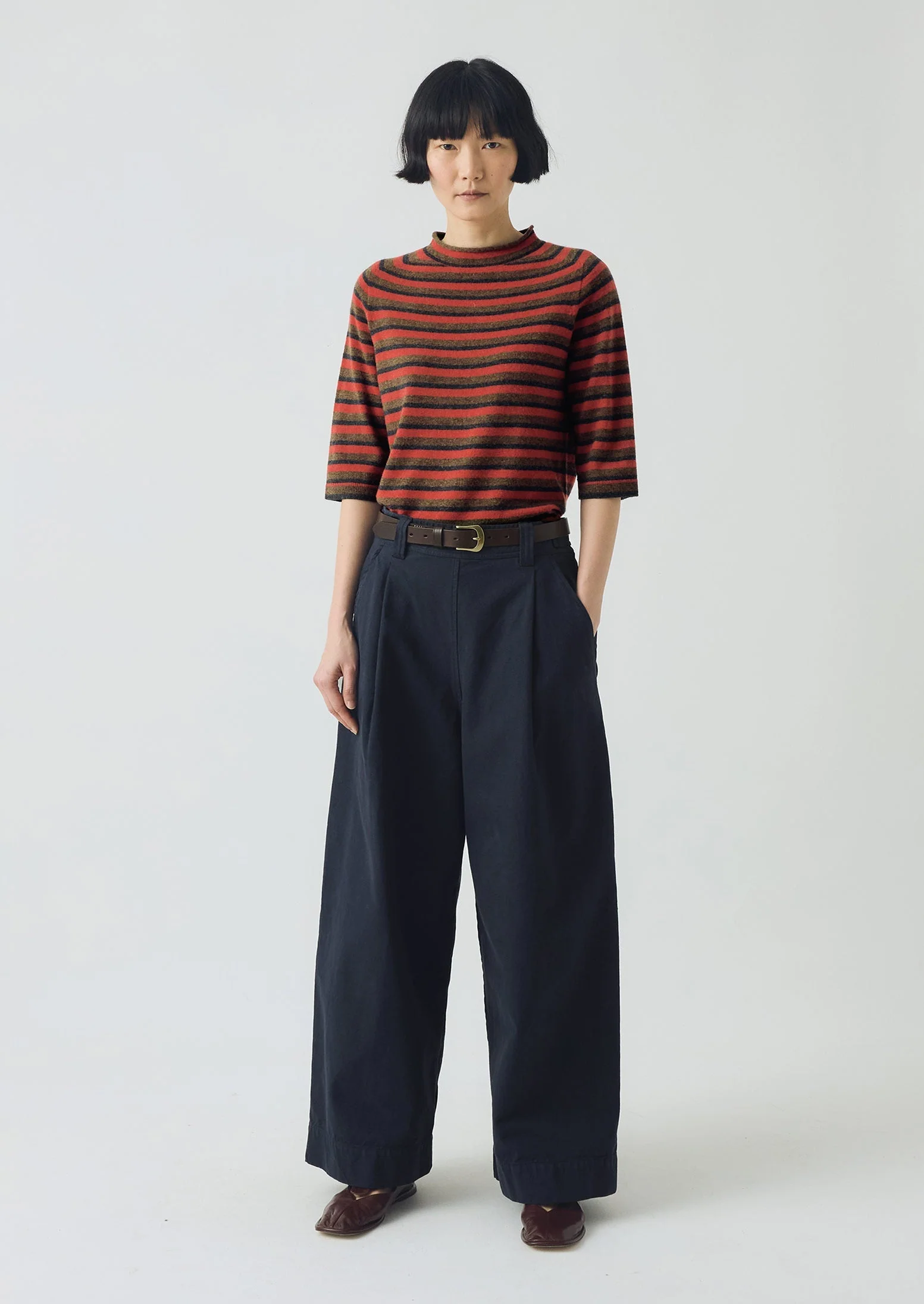 Stripe Wool Cashmere Half Sleeve Sweater | Red Multi - Image 3