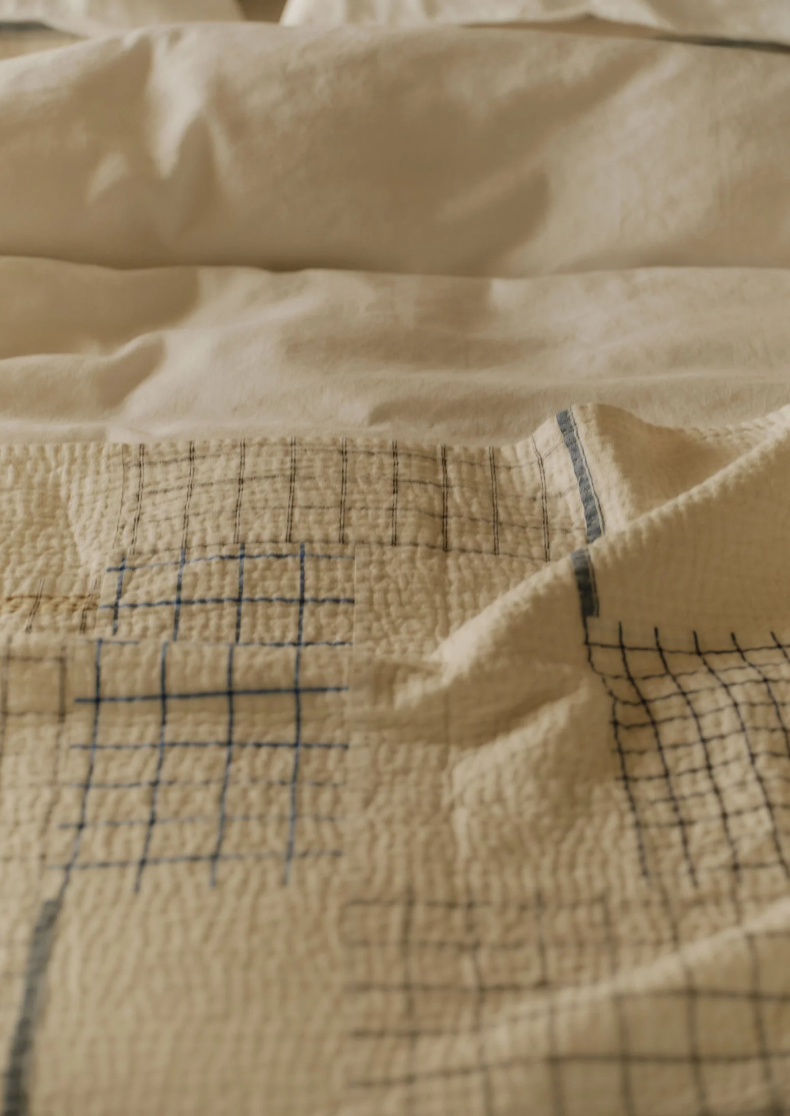 Tea Towel Check Patchwork Bedspread | Ecru/Multi - Image 3